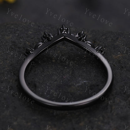 Retro Black Spinel Engagement Ring,Twig Leaf Matching Band,Women Vine Band,Gothic V Curved Branch Wedding Band,Black Gold Wedding Band Gift