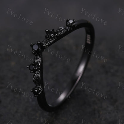 Retro Black Spinel Engagement Ring,Twig Leaf Matching Band,Women Vine Band,Gothic V Curved Branch Wedding Band,Black Gold Wedding Band Gift
