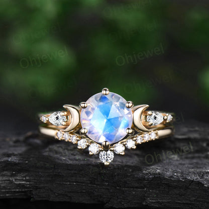 Vintage round rose cut moonstone engagement ring set yellow gold five stone moon diamond stacking wedding anniversary ring women