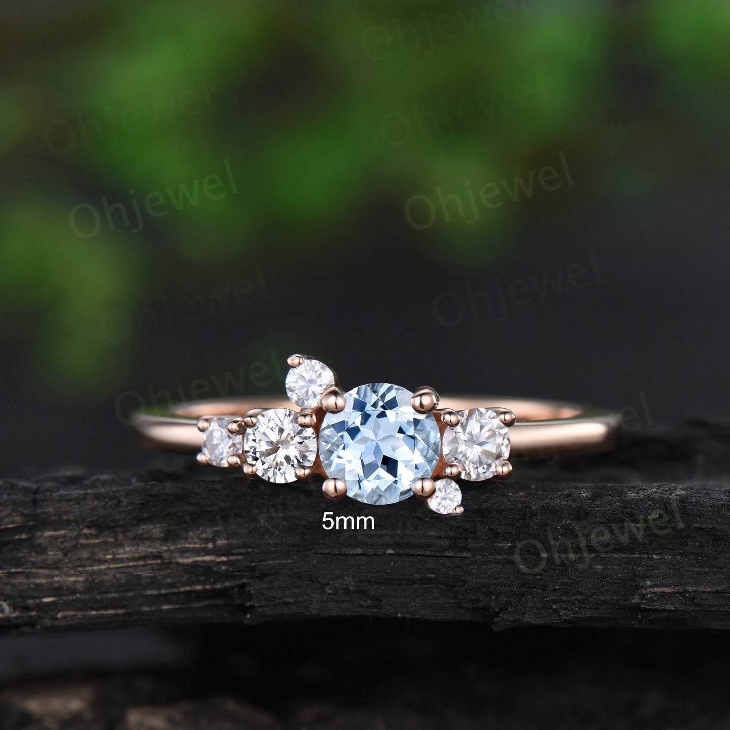 Dainty round cut Aquamarine ring yellow gold cluster unique engagement ring women Multi-Stone Ring Personalized anniversary ring gift