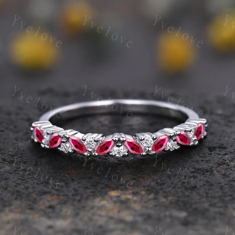 Marquise ruby wedding band vintage ruby ring yellow gold diamond antique unique stacking band anniversary promise ring matching band