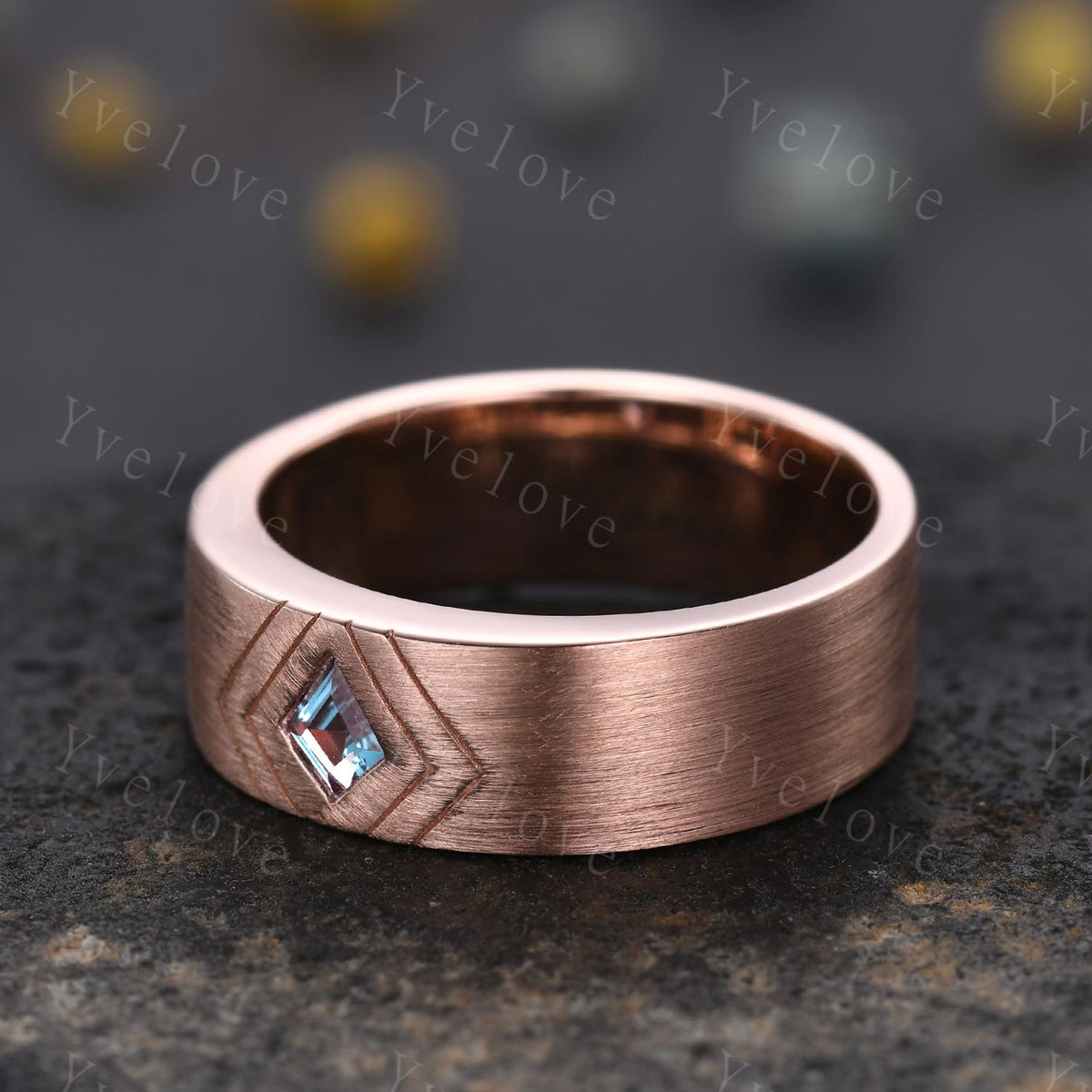 7mm Mens Kite Shaped Alexandrite Wedding Band Alexandrite Engagement Ring Satin Finish Band 14K Rose Gold Mens Stacking Band His Wedding band