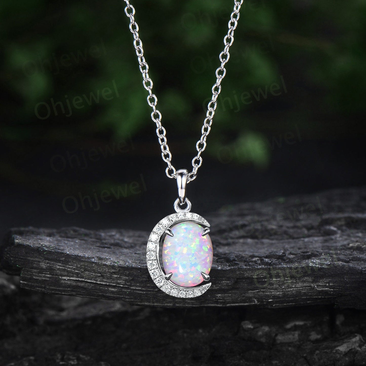 Vintage oval white opal necklace 14k rose gold Personalized half moon halo diamond unique Pendant women birthday anniversary gift