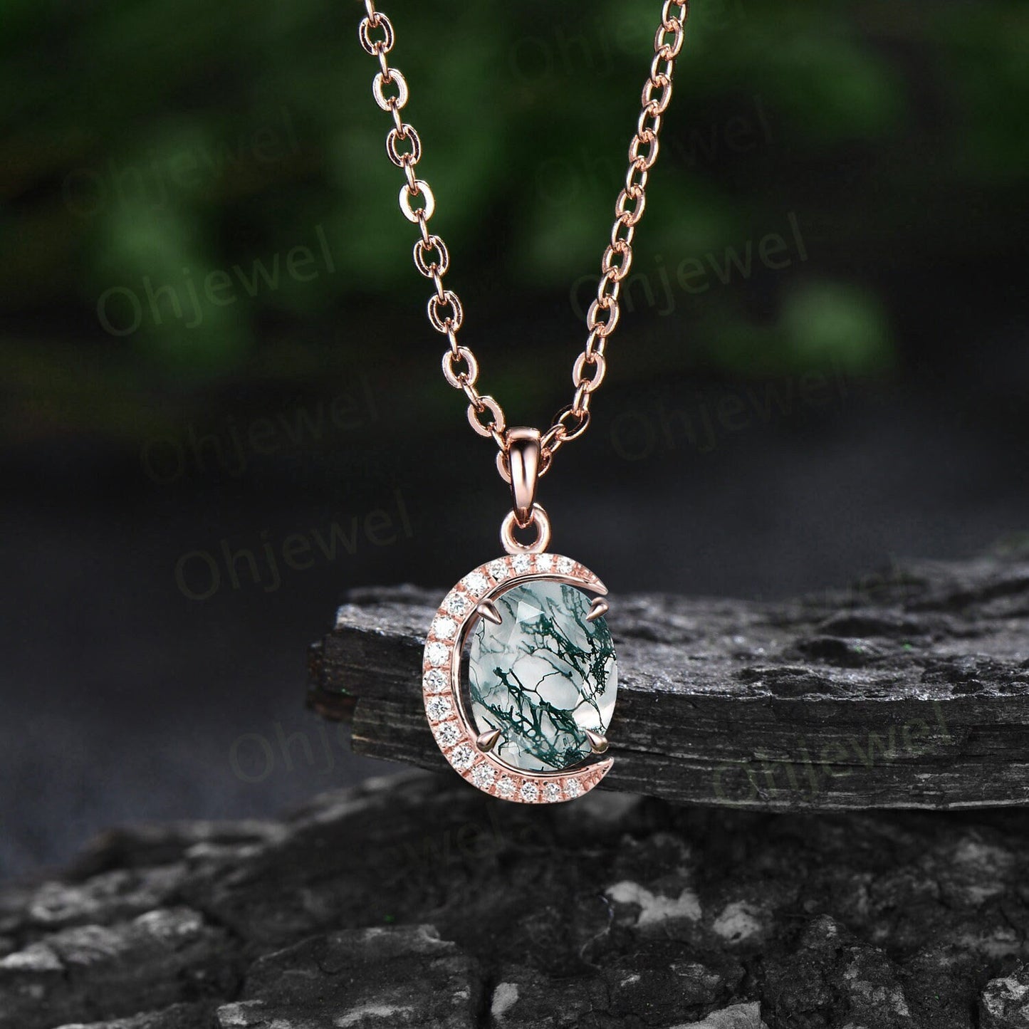 Vintage oval cut moss agate necklace 14k rose gold Personalized half moon halo diamond unique Pendant women wedding anniversary gift