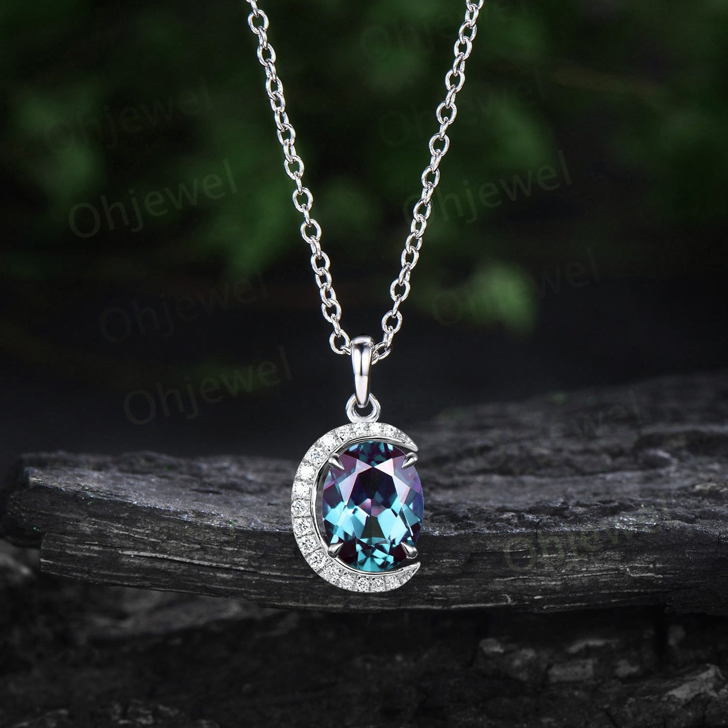 Oval cut alexandrite necklace June birthstone half moon halo diamond antique Pendant rose gold anniversary gift for women