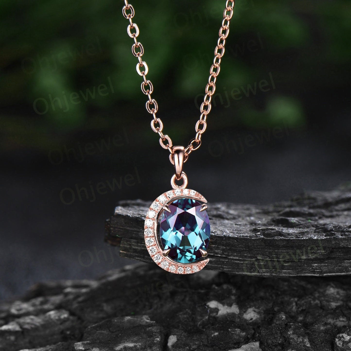 Oval cut alexandrite necklace June birthstone half moon halo diamond antique Pendant rose gold anniversary gift for women