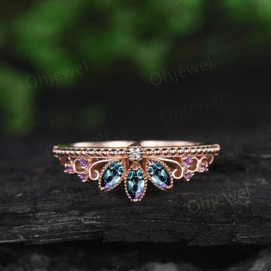 Crown marquise alexandrite wedding band rose gold antique amethyst ring women vintage stacking anniversary ring gift