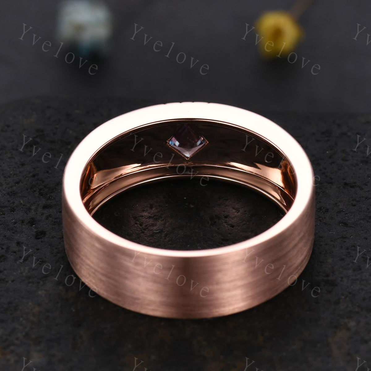 7mm Mens Kite Shaped Alexandrite Wedding Band Alexandrite Engagement Ring Satin Finish Band 14K Rose Gold Mens Stacking Band His Wedding band