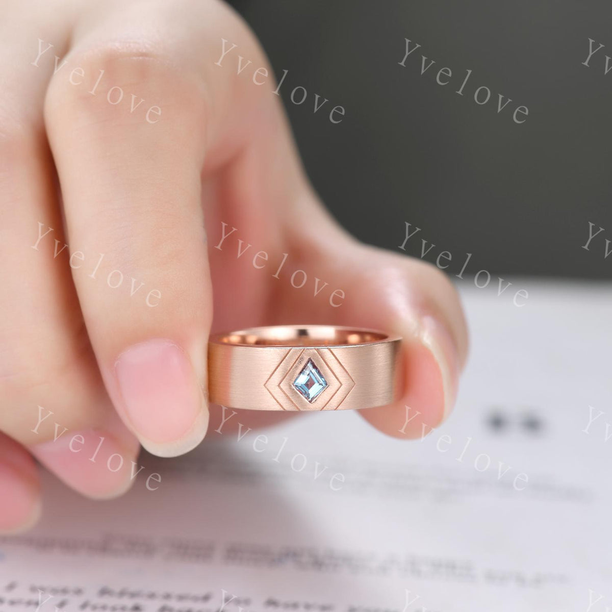 7mm Mens Kite Shaped Alexandrite Wedding Band Alexandrite Engagement Ring Satin Finish Band 14K Rose Gold Mens Stacking Band His Wedding band