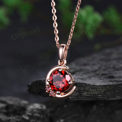 Vintage round cut red garnet necklace 14k rose gold Personalized dainty moon three stone unique Pendant women birthday anniversary gift