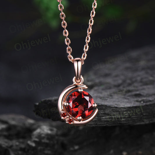 Vintage round cut red garnet necklace 14k rose gold Personalized dainty moon three stone unique Pendant women birthday anniversary gift