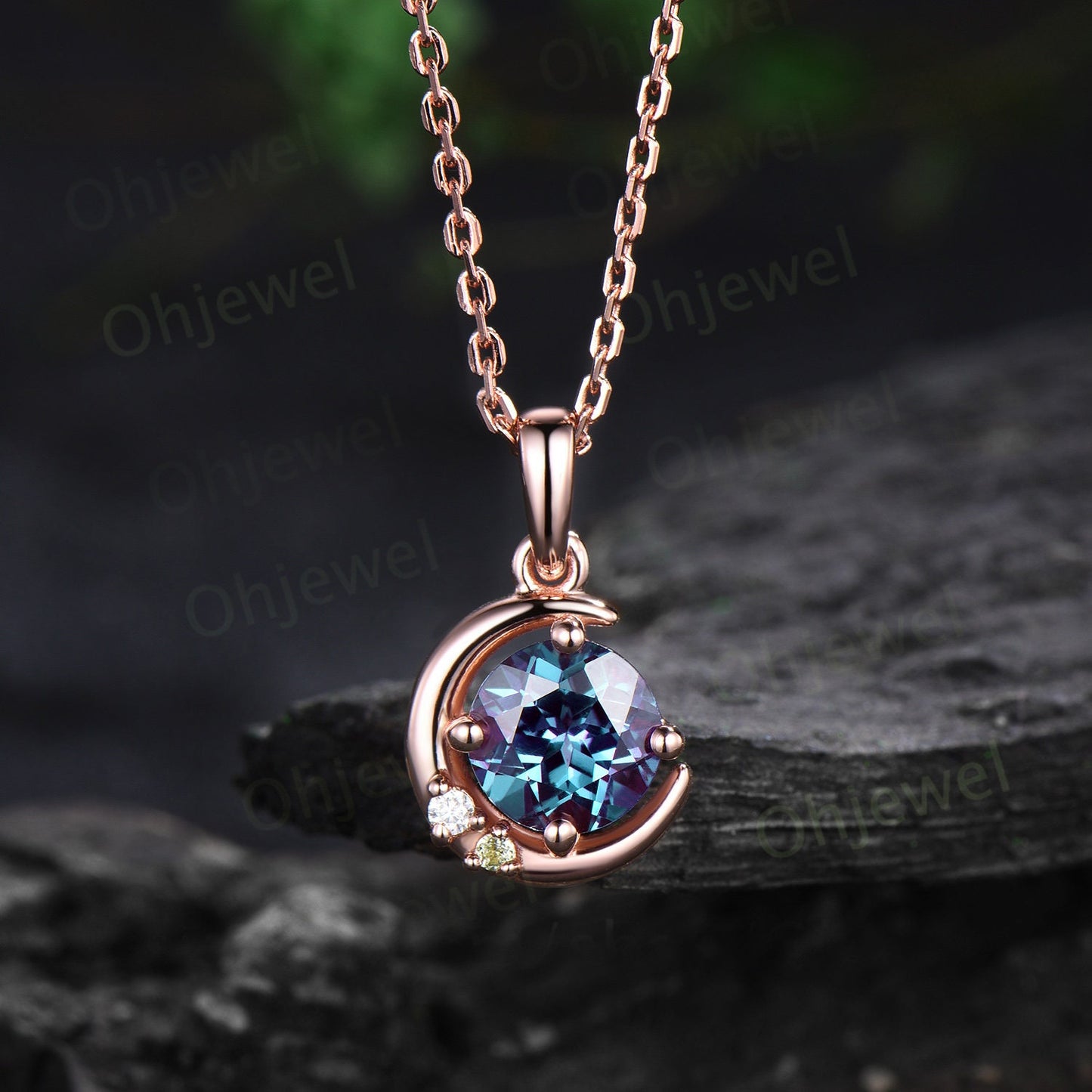 1ct round cut alexandrite necklace solid 14k rose gold antique moon three stone peridot moissanite Pendant women birthday anniversary gift