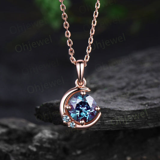 Moon three stone round cut Alexandrite necklace rose gold vintage dainty Personalized unique Pendant for women wedding anniversary gift