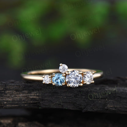 Dainty round cut gray moissanite ring yellow gold Swiss blue topaz cluster unique engagement ring women Multi-Stone anniversary ring gift