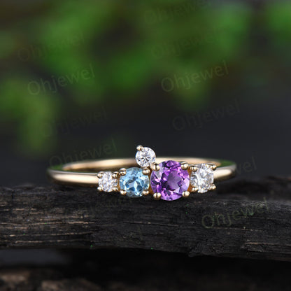 Dainty round cut purple amethyst ring yellow gold Swiss blue topaz cluster unique engagement ring women Multi-Stone anniversary ring gift