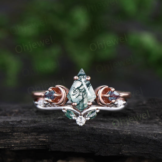 Vintage kite cut moss agate alexandrite engagement ring set rose gold three stone moon stacking bridal wedding ring set women jewelry gift