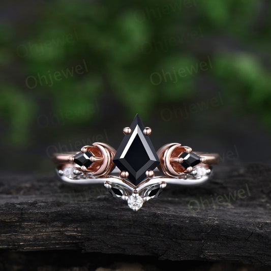 Vintage kite cut black onyx engagement ring set solid 14k rose gold three stone moon stacking bridal wedding ring set women jewelry gift