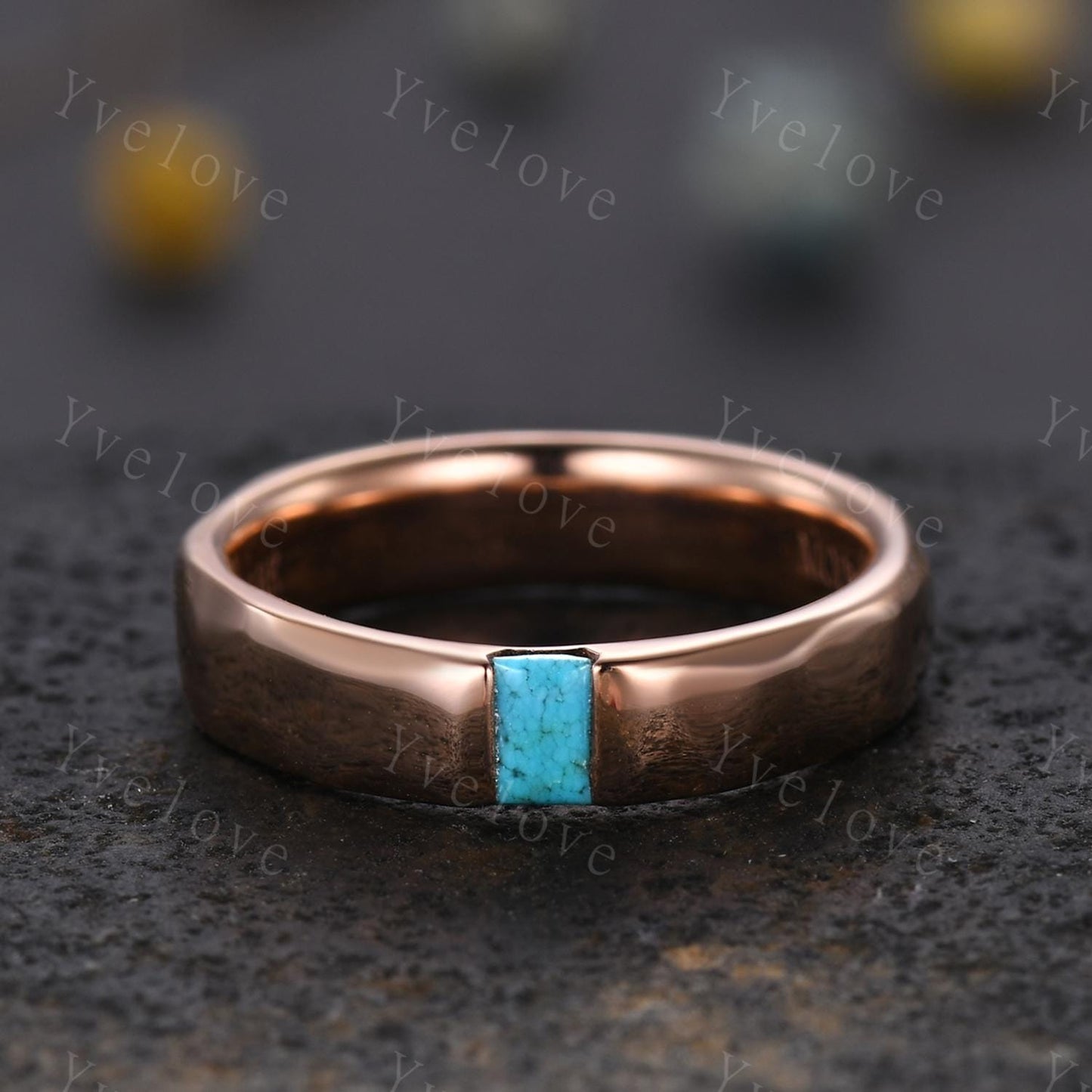 Ancient Mens Turquoise Wedding Band Baguette Cut Turquoise Band Unique Mens Hammered Stacking Matching Band Vintage Retro Ring Gift For Him