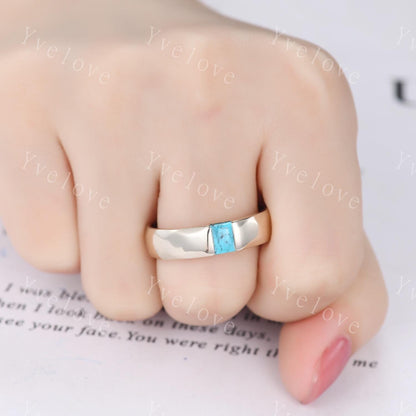 Ancient Mens Turquoise Wedding Band Baguette Cut Turquoise Band Unique Mens Hammered Stacking Matching Band Vintage Retro Ring Gift For Him