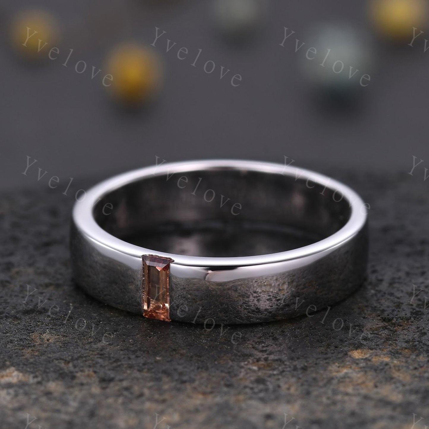 Mens Orange Sapphire Wedding Band Baguette Cut Sapphire Band 5mm White Gold Ring Mens Stacking Matching Band Retro Ring Gift For Boyfriend