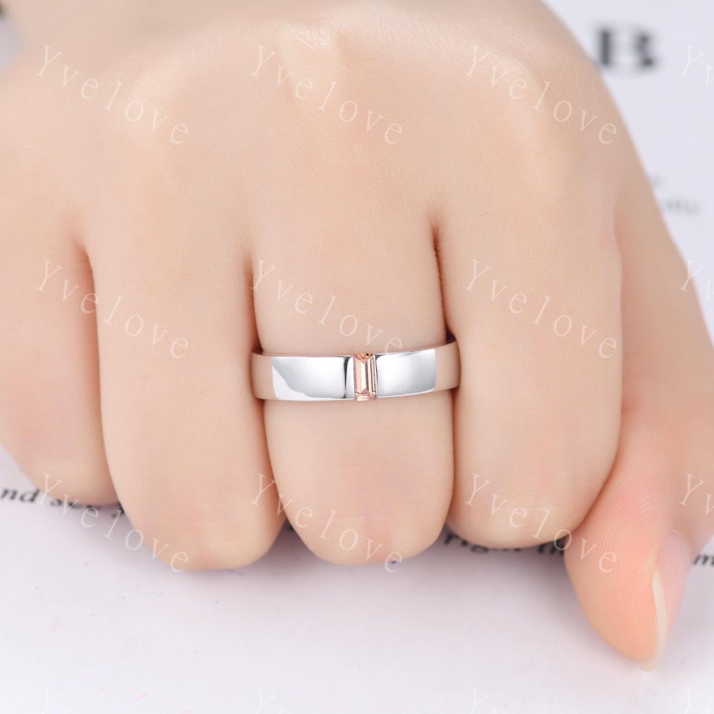 Mens Orange Sapphire Wedding Band Baguette Cut Sapphire Band 5mm White Gold Ring Mens Stacking Matching Band Retro Ring Gift For Boyfriend