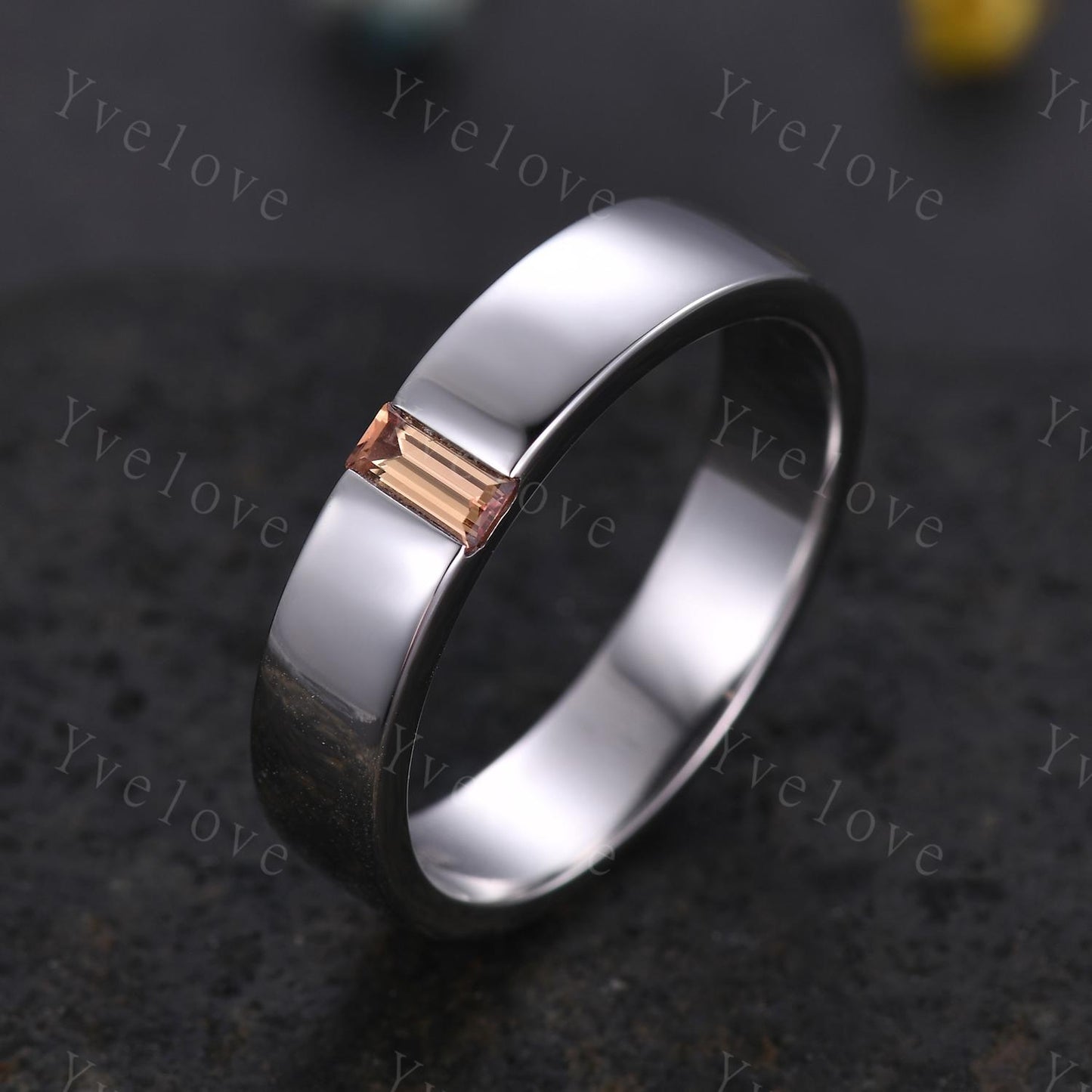 Mens Orange Sapphire Wedding Band Baguette Cut Sapphire Band 5mm White Gold Ring Mens Stacking Matching Band Retro Ring Gift For Boyfriend