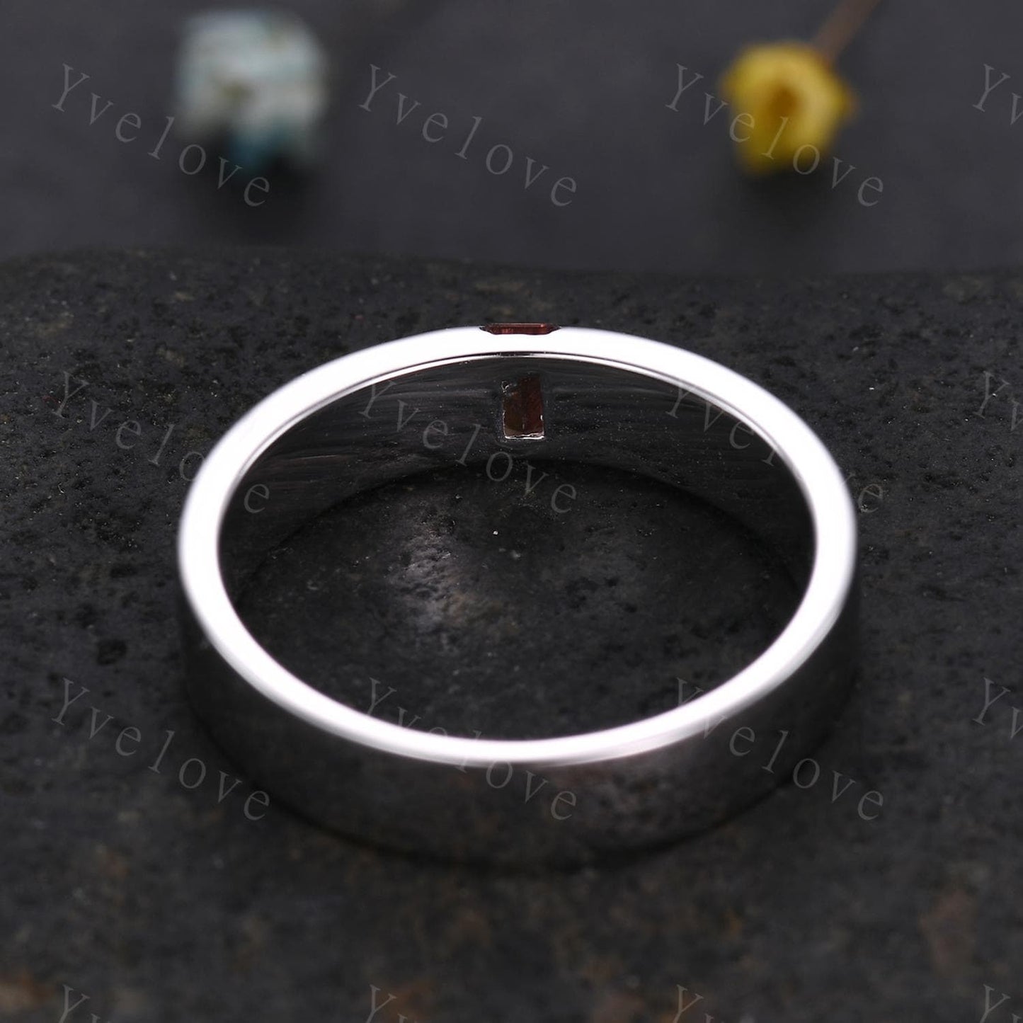 Mens Orange Sapphire Wedding Band Baguette Cut Sapphire Band 5mm White Gold Ring Mens Stacking Matching Band Retro Ring Gift For Boyfriend