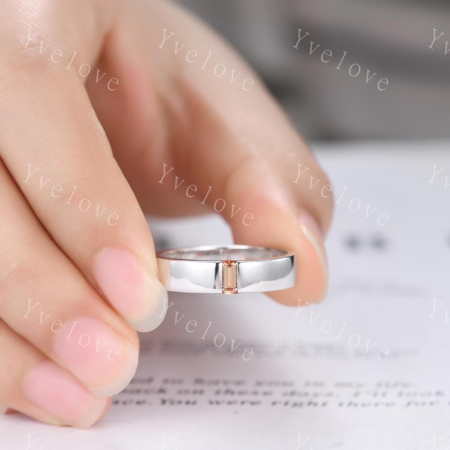 Mens Orange Sapphire Wedding Band Baguette Cut Sapphire Band 5mm White Gold Ring Mens Stacking Matching Band Retro Ring Gift For Boyfriend