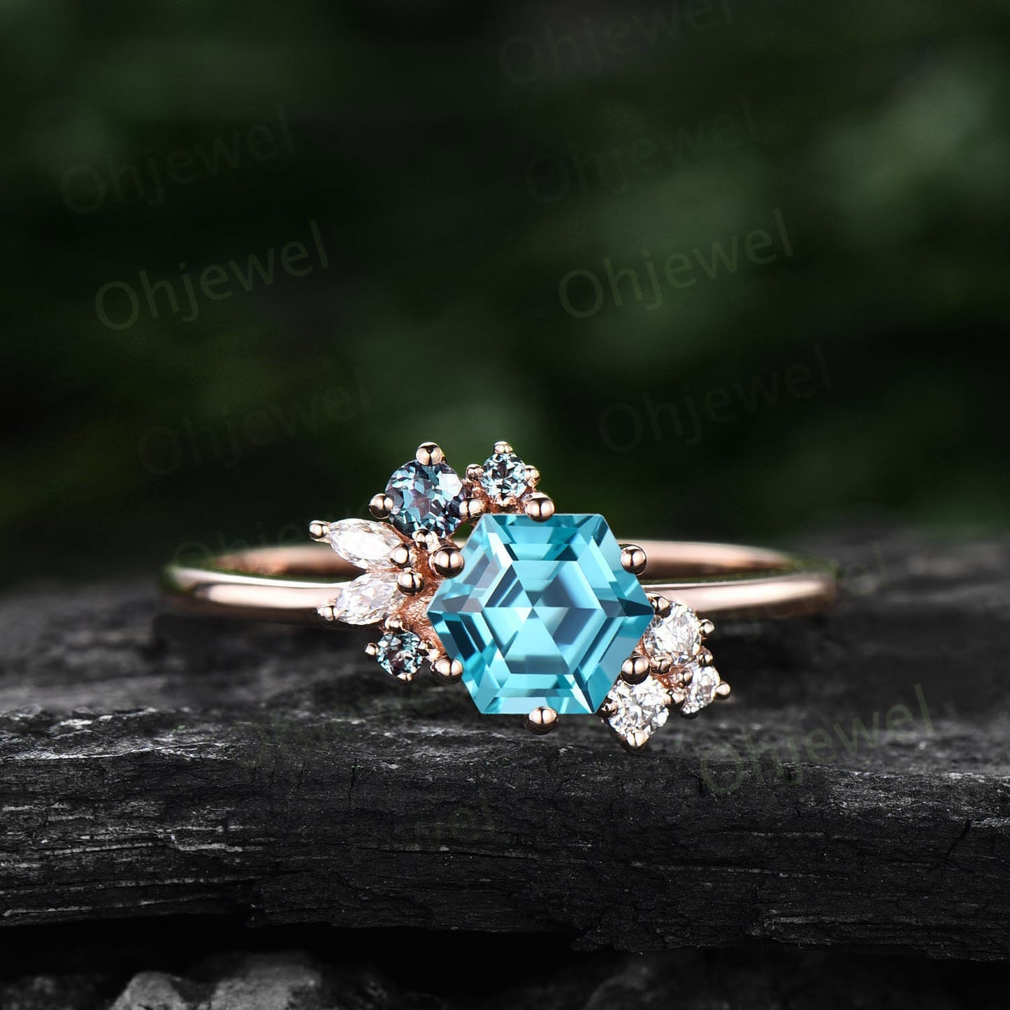 Hexagon cut Paraiba engagement ring 6 prong rose gold cluster Alexandrite diamond wedding anniversary ring women gift