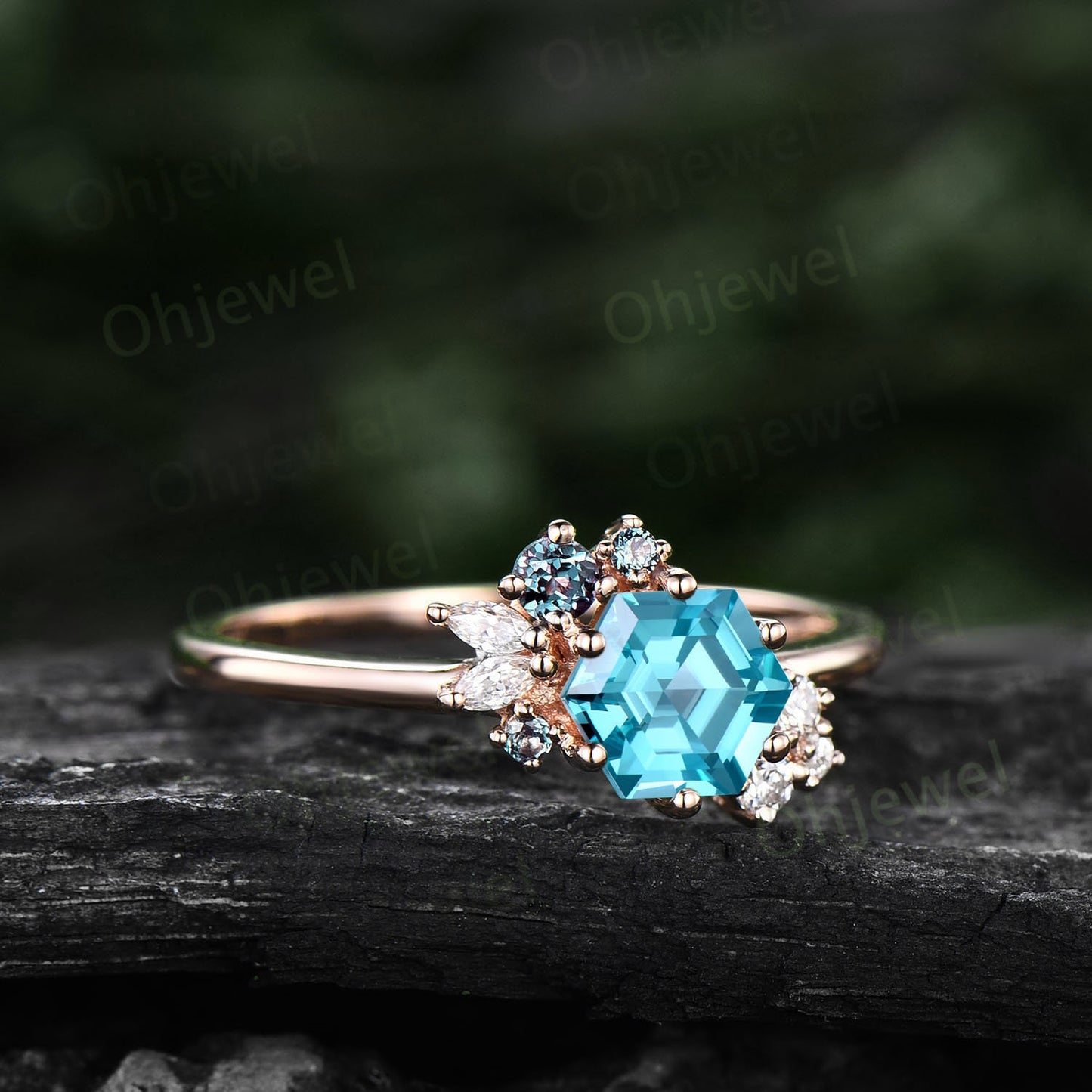 Hexagon cut Paraiba engagement ring 6 prong rose gold cluster Alexandrite diamond wedding anniversary ring women gift