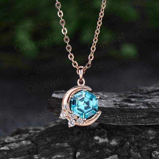 Vintage hexagon Paraiba necklace 14k rose gold Personalized dainty moon cluster diamond unique Pendant women birthday anniversary gift