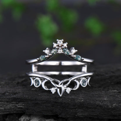 Double curved moss agate wedding band enhancer white gold moon cluster diamond wedding ring band women vintage anniversary gift