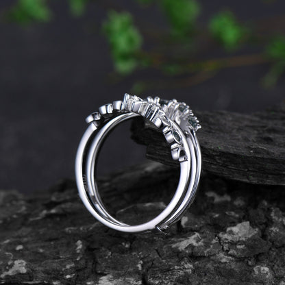 Double curved moss agate wedding band enhancer white gold moon cluster diamond wedding ring band women vintage anniversary gift