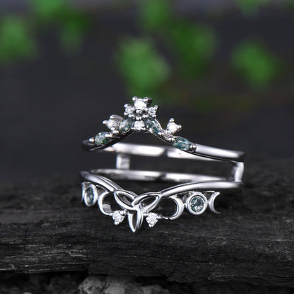 Double curved moss agate wedding band enhancer white gold moon cluster diamond wedding ring band women vintage anniversary gift
