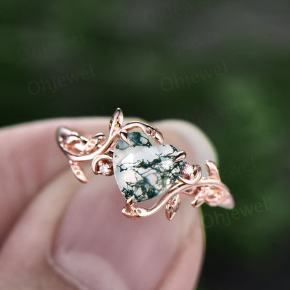 Vintage heart shaped moss agate engagement ring solid 14k rose gold three stone leaf moon diamond bridal wedding promise ring women gift