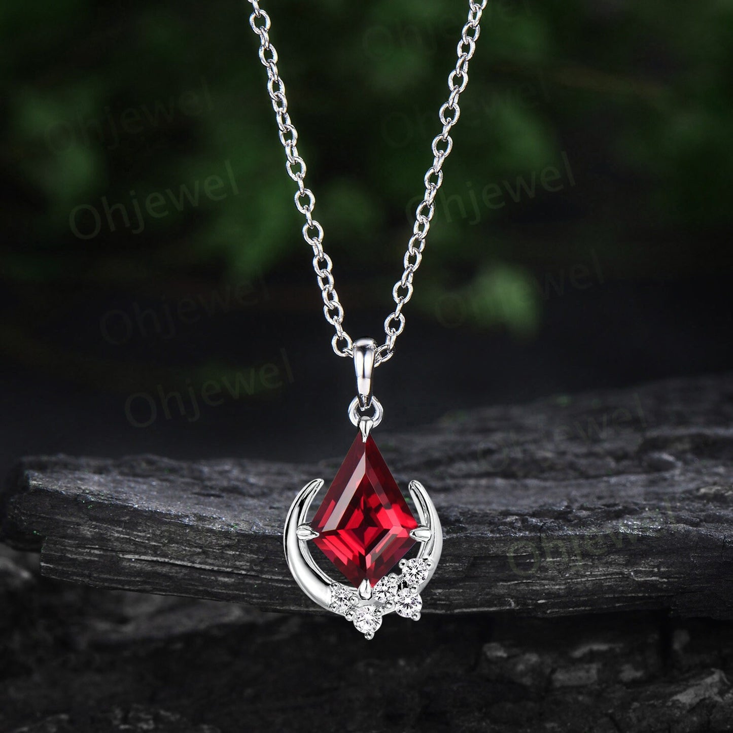 Kite cut red ruby necklace solid 14k rose gold unique moon necklace cluster diamond Pendant women gemstone mother anniversary gift