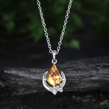 Vintage kite cut yellow citrine necklace rose gold crystal antique moon snowdrift diamond Pendant anniversary gift for women gemstone