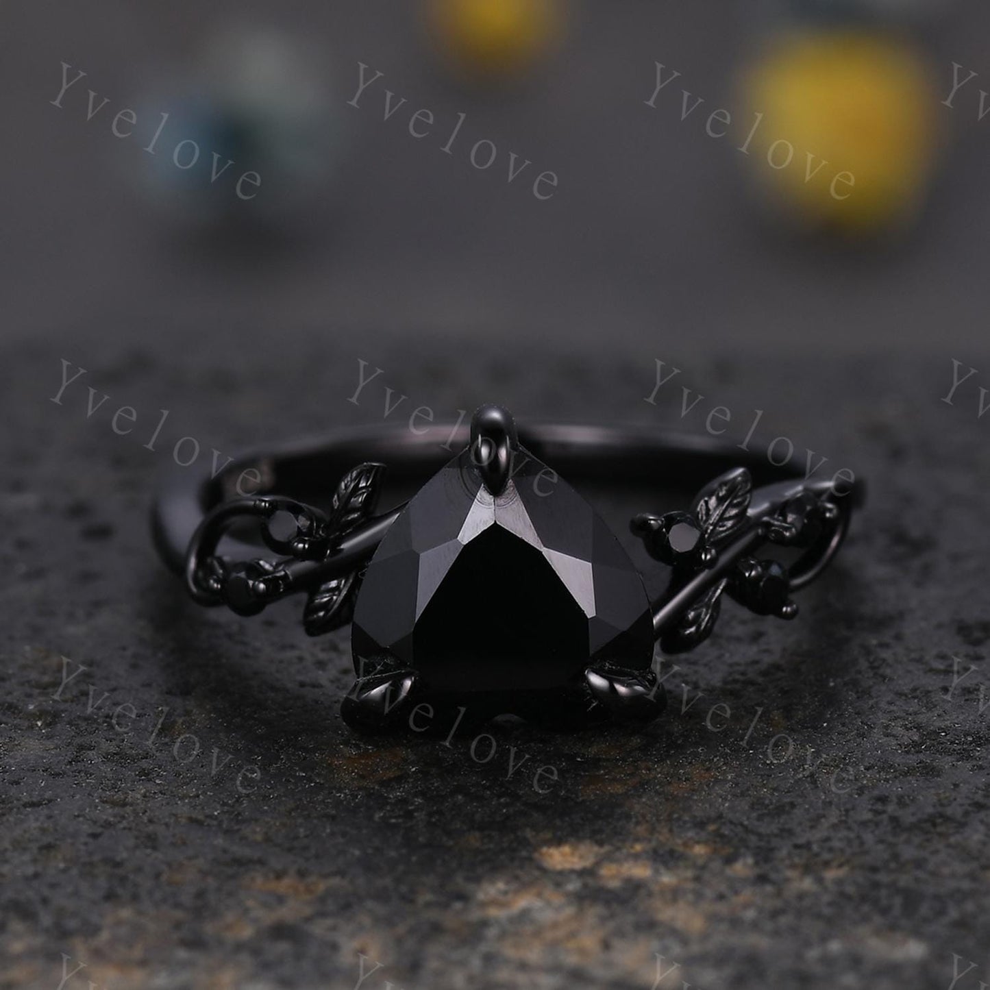 8mm Heart Shape Black Onyx Ring,Vintage Twig Vine Leaf Ring,Antique Black Onyx Bridal Promise Ring Set Nature Inspired Black Gold band