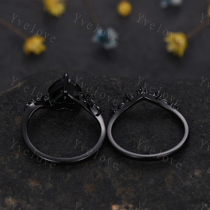 8mm Heart Shape Black Onyx Ring,Vintage Twig Vine Leaf Ring,Antique Black Onyx Bridal Promise Ring Set Nature Inspired Black Gold band