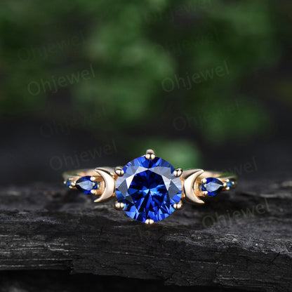 Round cut blue sapphire ring vintage yellow gold five stone moon unique engagement ring gemstone bridal wedding ring set women jewelry gift