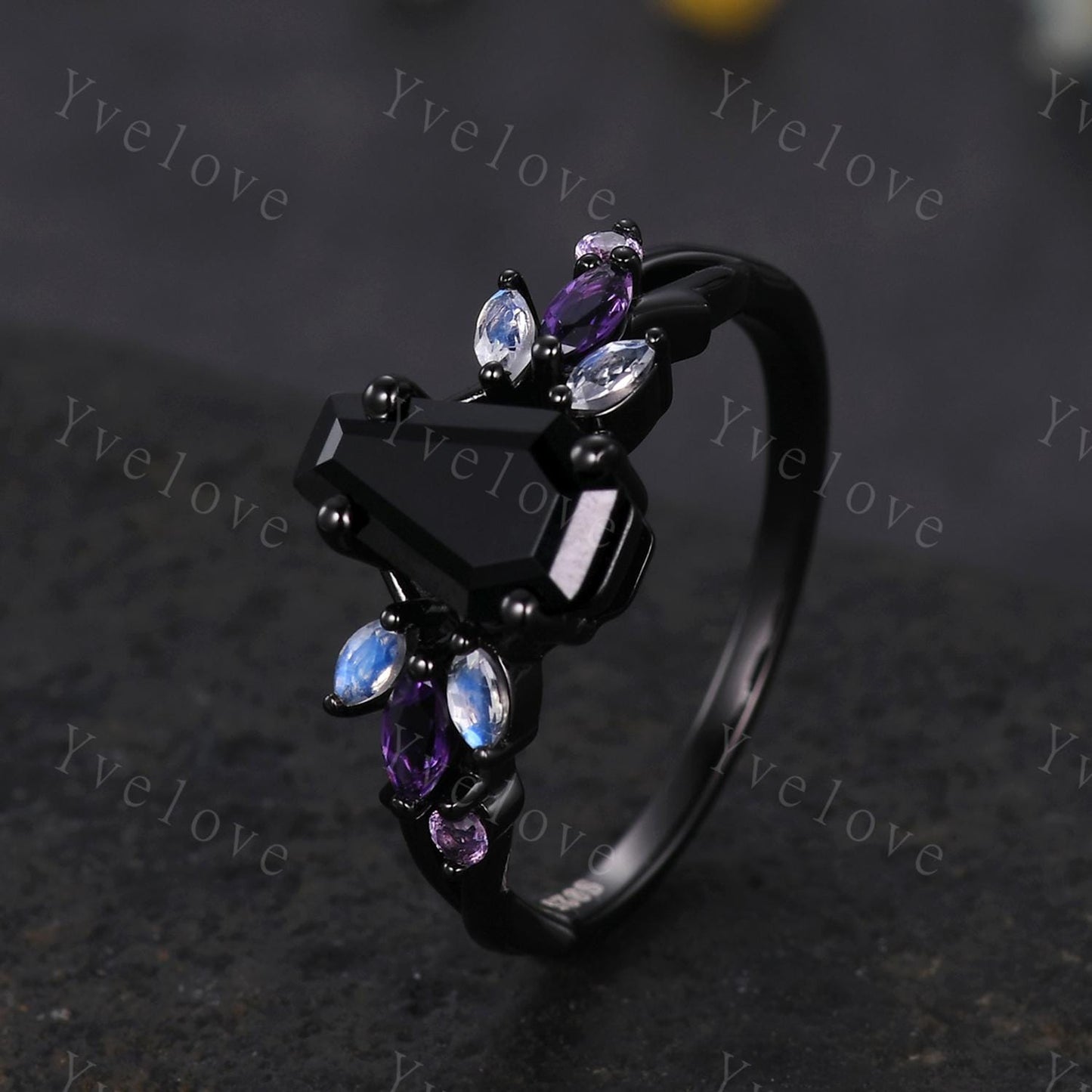 Vintage Coffin Black Onyx Engagement Ring,14k Black Gold,Twig Amethyst Moonstone Ring,Women Bridal Ring,Retro Promise Ring For Her Custom