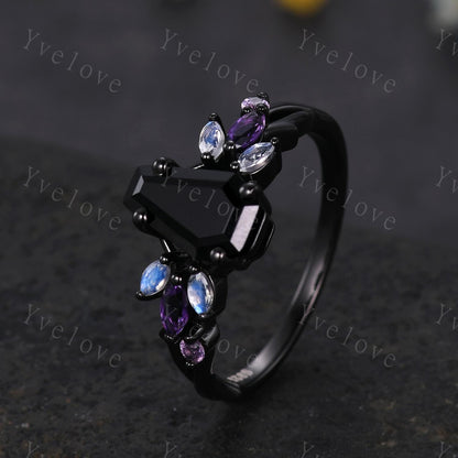 Vintage Coffin Black Onyx Engagement Ring,14k Black Gold,Twig Amethyst Moonstone Ring,Women Bridal Ring,Retro Promise Ring For Her Custom