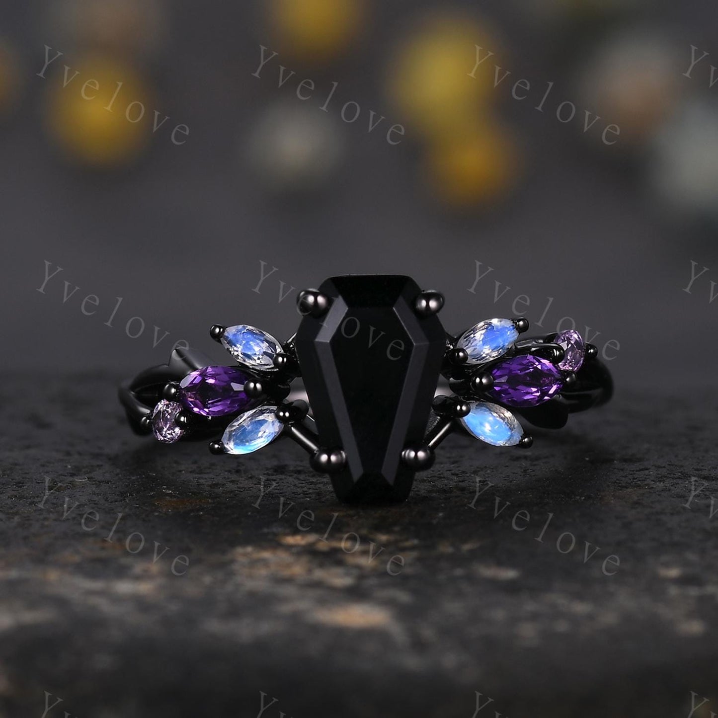 Vintage Coffin Black Onyx Engagement Ring,14k Black Gold,Twig Amethyst Moonstone Ring,Women Bridal Ring,Retro Promise Ring For Her Custom
