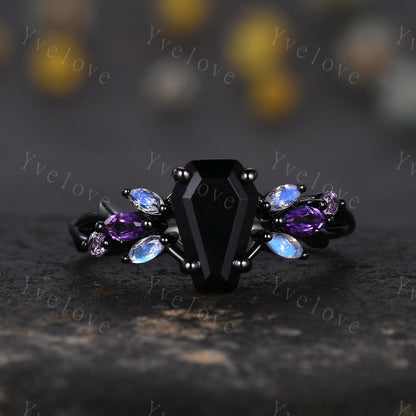Vintage Coffin Black Onyx Engagement Ring,14k Black Gold,Twig Amethyst Moonstone Ring,Women Bridal Ring,Retro Promise Ring For Her Custom