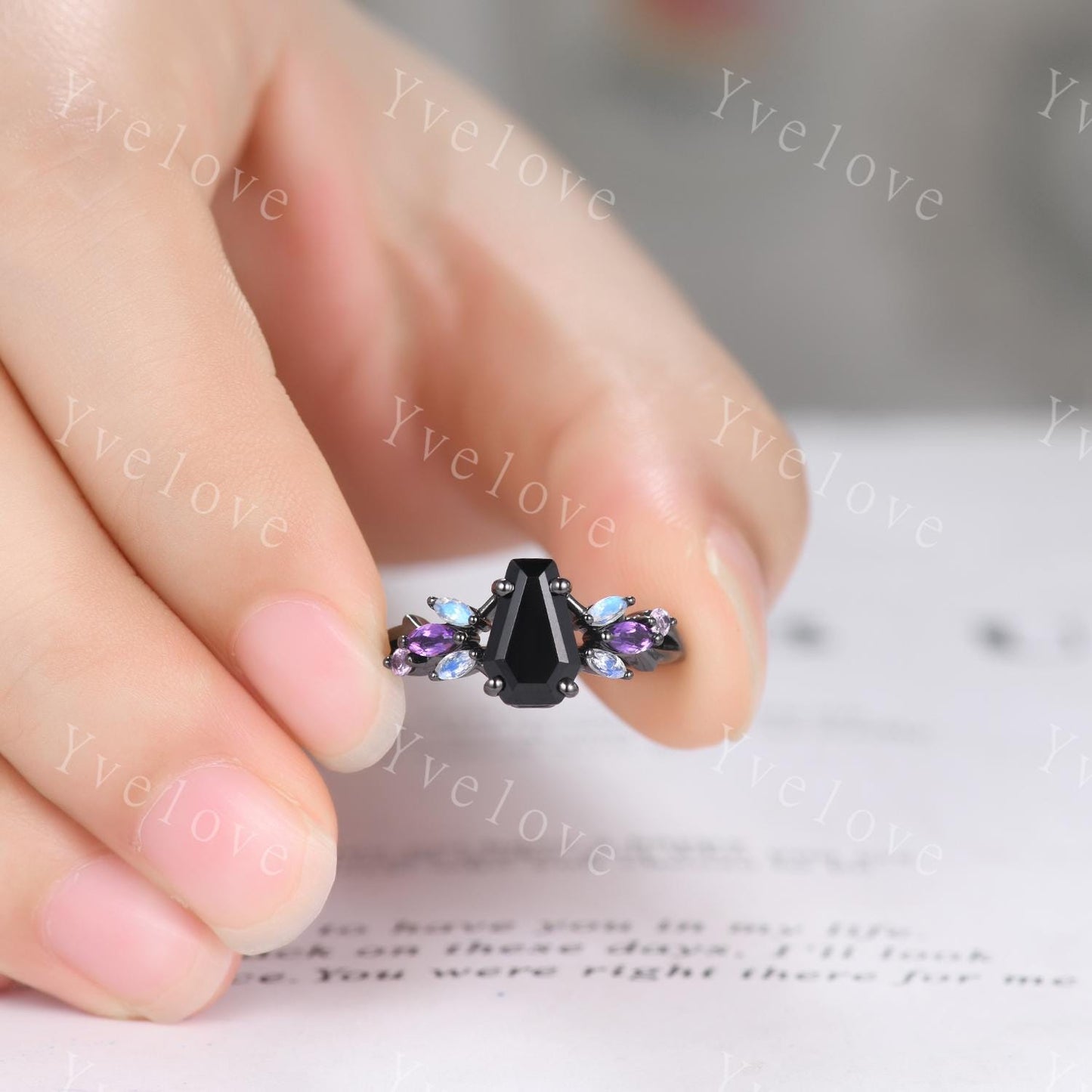 Vintage Coffin Black Onyx Engagement Ring,14k Black Gold,Twig Amethyst Moonstone Ring,Women Bridal Ring,Retro Promise Ring For Her Custom