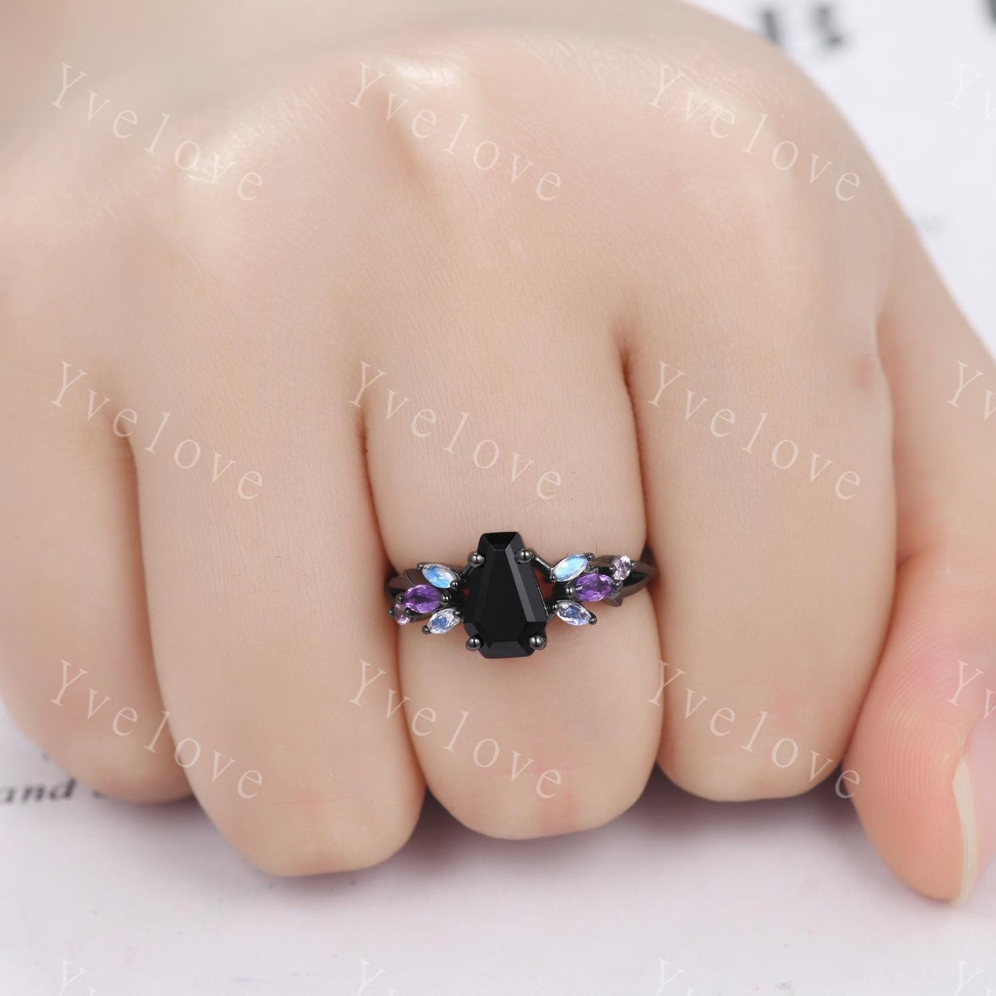 Vintage Coffin Black Onyx Engagement Ring,14k Black Gold,Twig Amethyst Moonstone Ring,Women Bridal Ring,Retro Promise Ring For Her Custom