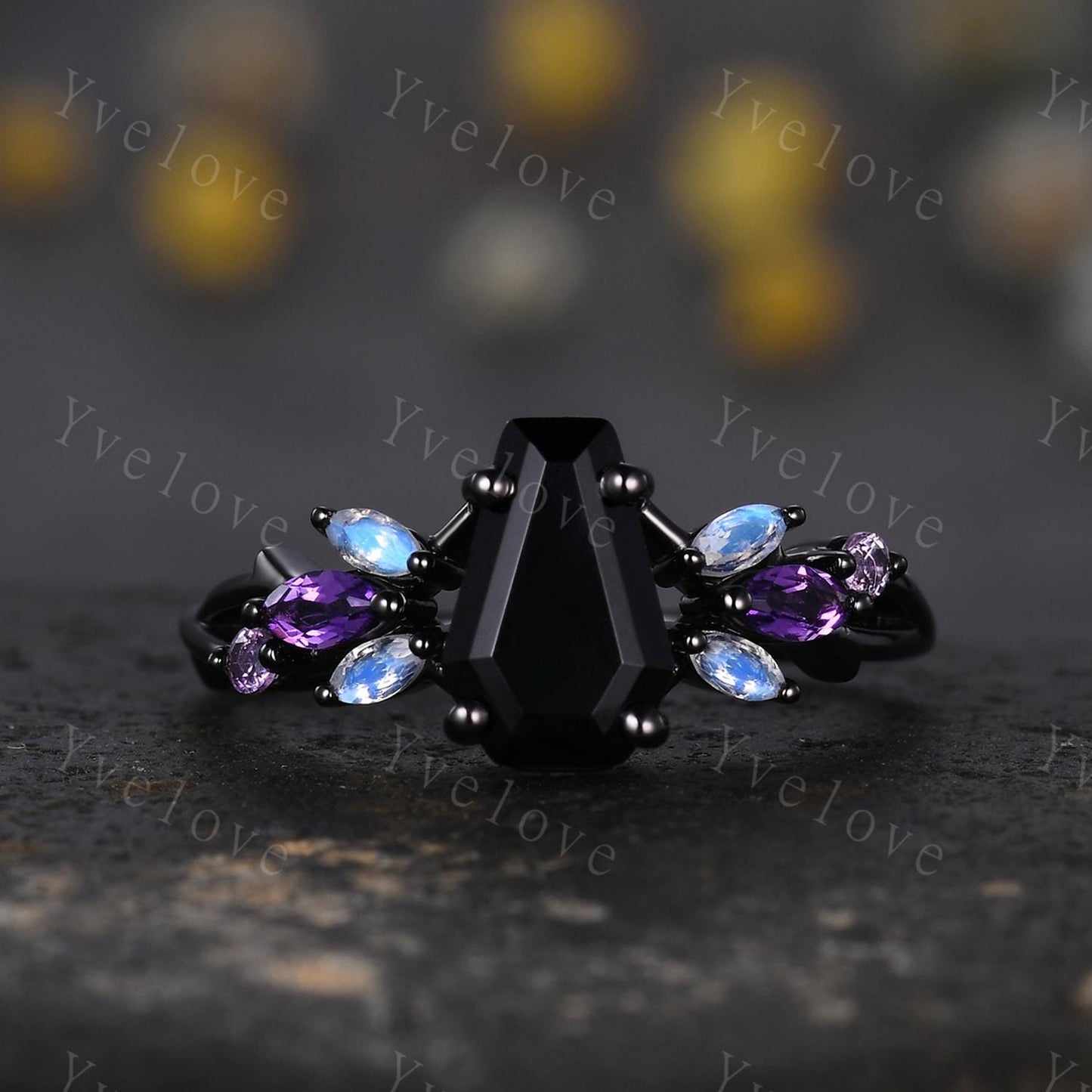 Vintage Coffin Black Onyx Engagement Ring,14k Black Gold,Twig Amethyst Moonstone Ring,Women Bridal Ring,Retro Promise Ring For Her Custom