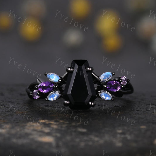 Vintage Coffin Black Onyx Engagement Ring,14k Black Gold,Twig Amethyst Moonstone Ring,Women Bridal Ring,Retro Promise Ring For Her Custom