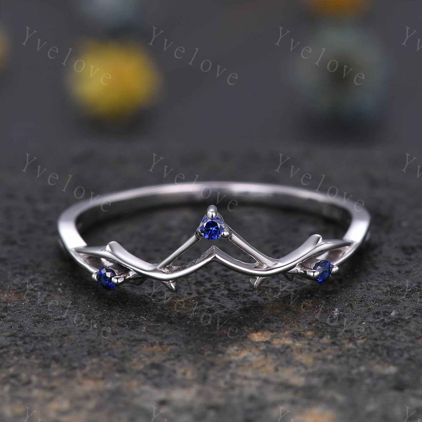 Minimalist Blue Sapphire Twig Engagement Ring,Twig Matching Band,Women Vine Band,Art Deco V Curved Branch Wedding Band,Sapphire Silver Ring