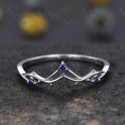 Minimalist Blue Sapphire Twig Engagement Ring,Twig Matching Band,Women Vine Band,Art Deco V Curved Branch Wedding Band,Sapphire Silver Ring